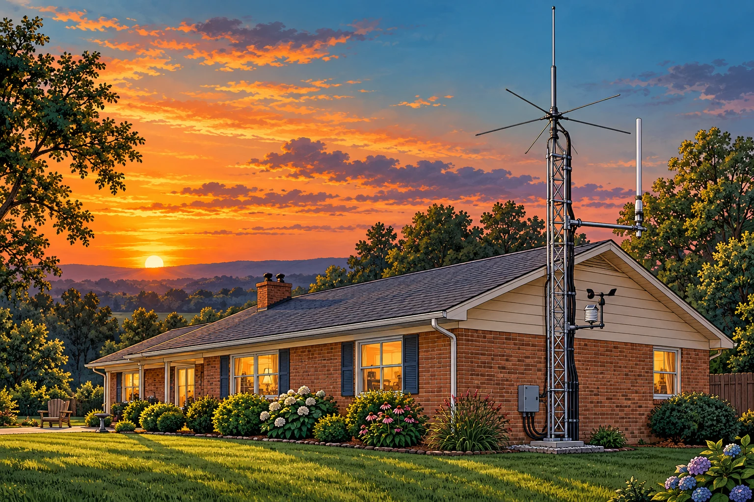 Illustrated Kentucky house with a lattice radio tower, vertical antennas, and weather station