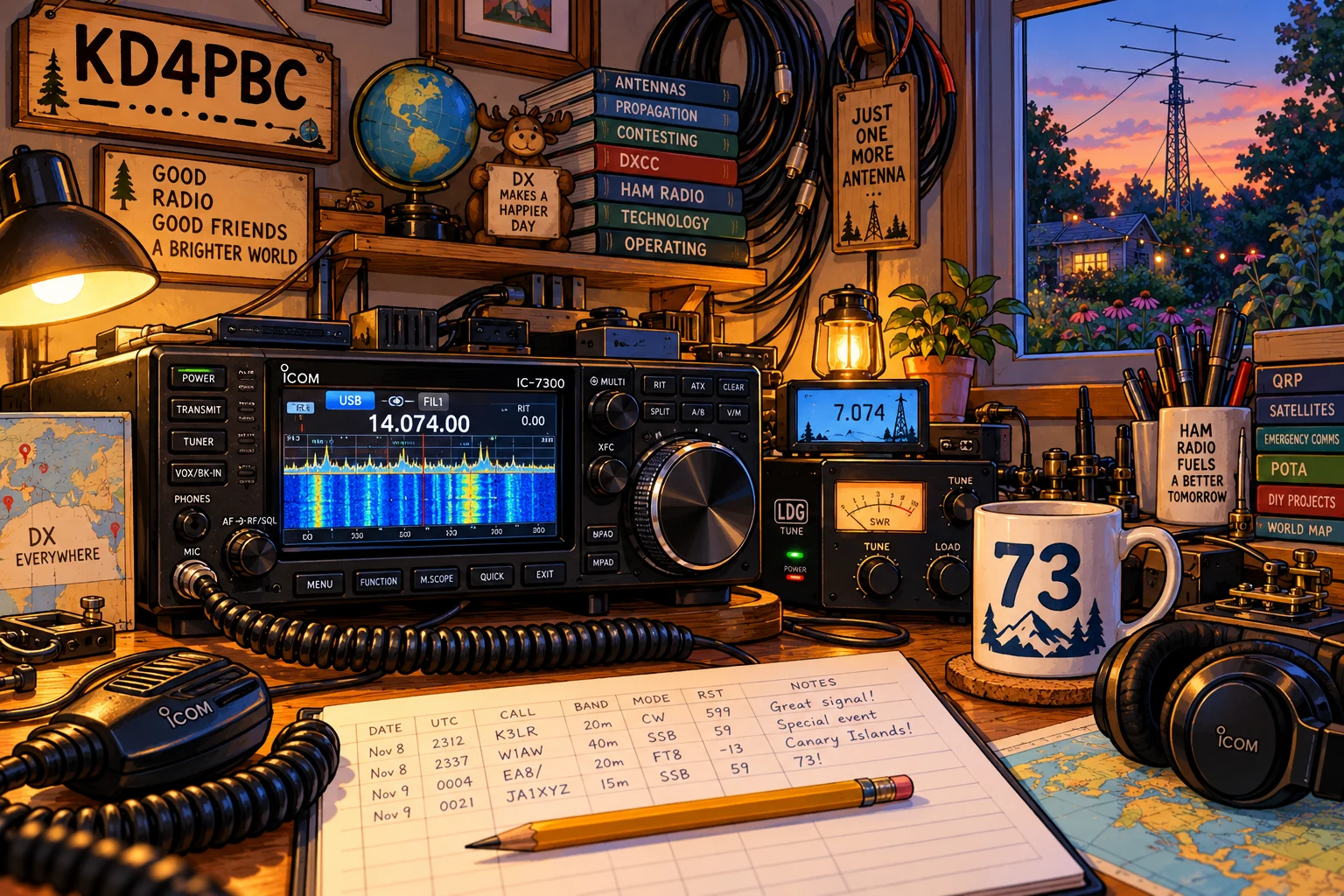Illustrated Icom IC-7300, microphone, logbook, headphones, and coffee in the shack