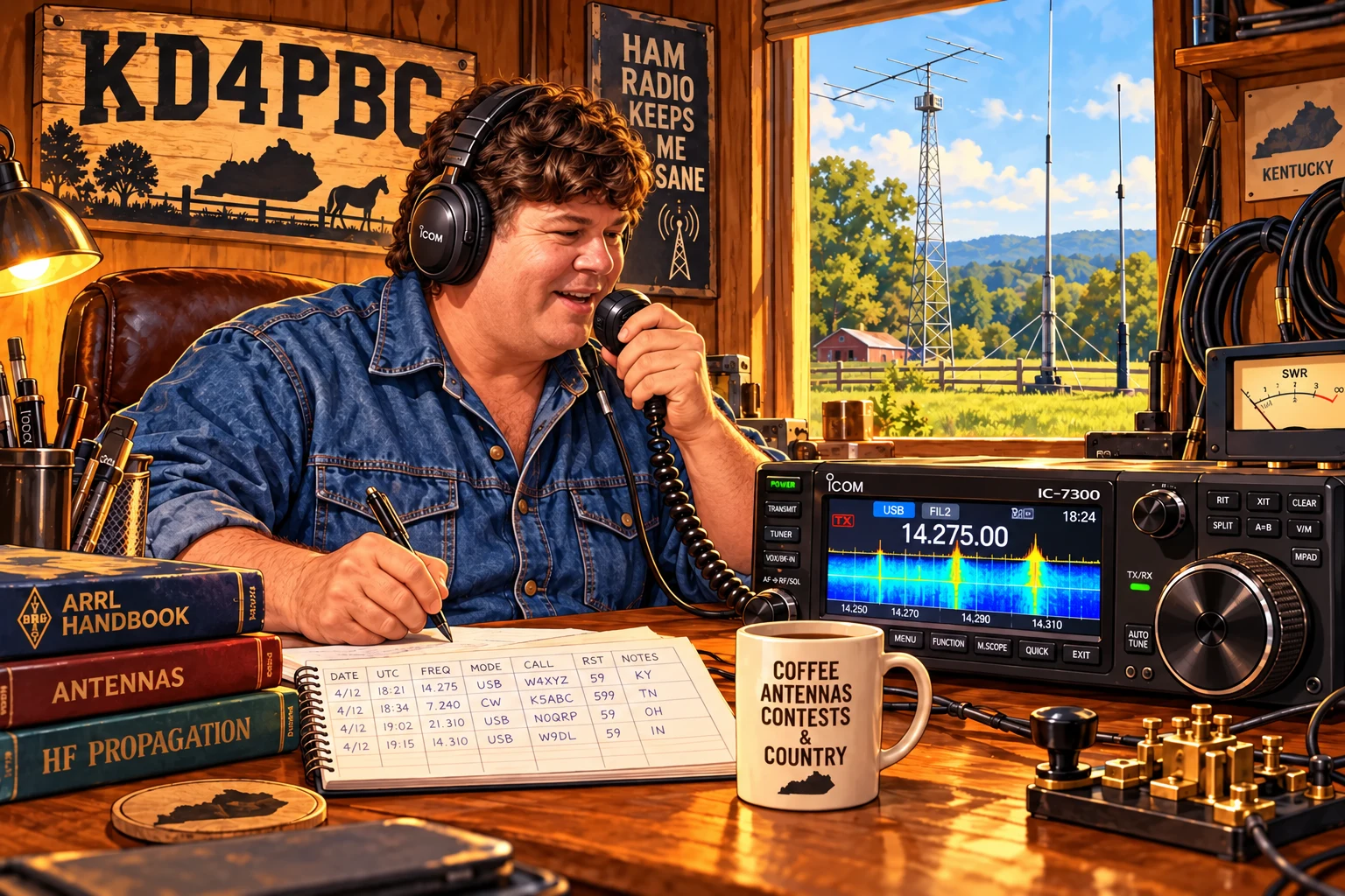 Caricature of Robert operating an Icom IC-7300 in a cozy radio shack